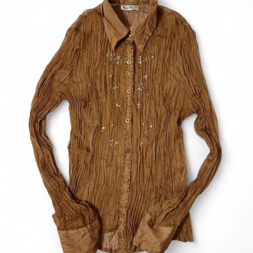 Vintage Y2K Kaelyn Max Whimsigoth Sheer Crinkle Bronze Beaded Button Up Shirt